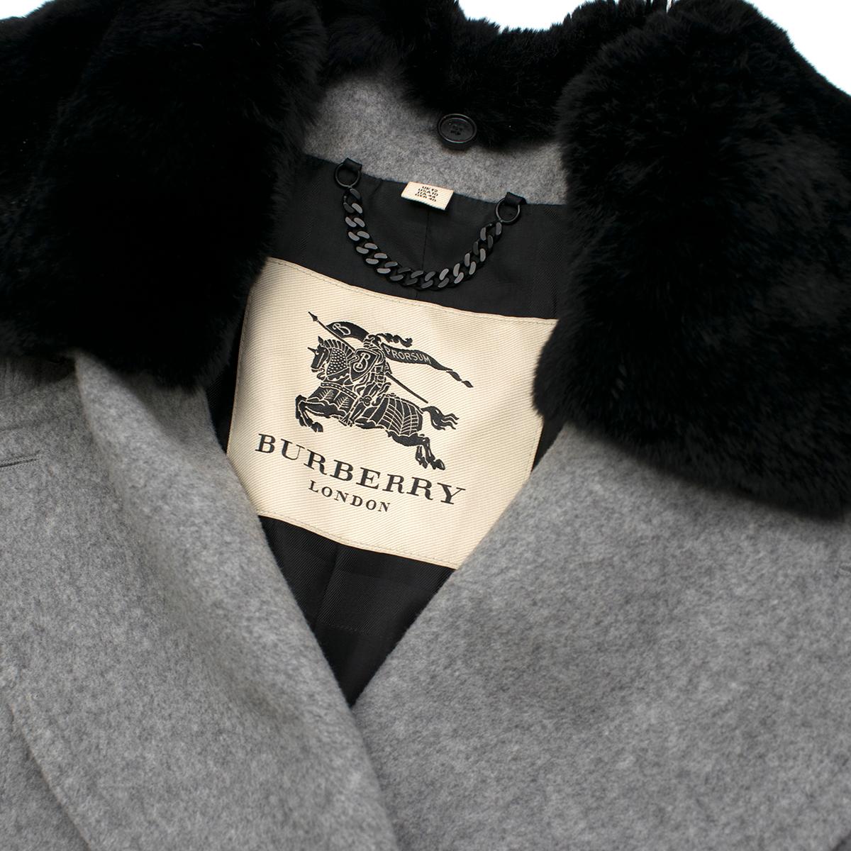 Gray Burberry Grey Wool and Cashmere Coat with Rabbit Fur Collar US 8