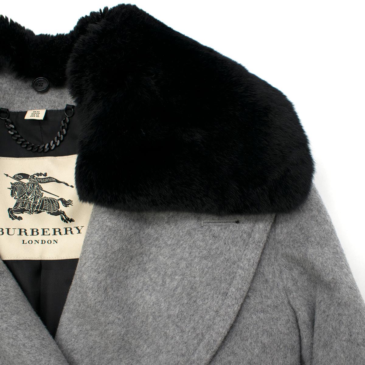 Burberry Grey Wool and Cashmere Coat with Rabbit Fur Collar US 8 In Excellent Condition In London, GB