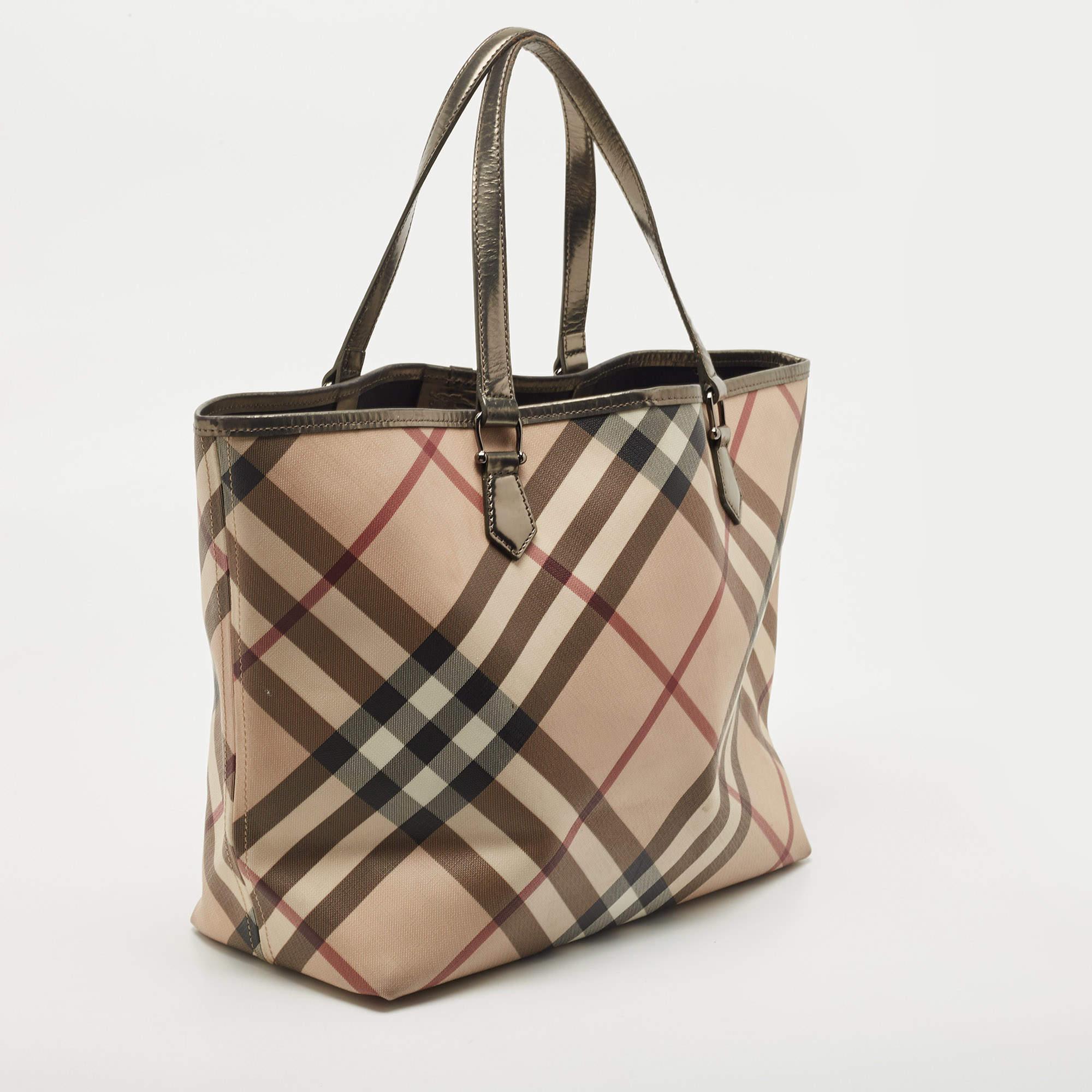 Women's Burberry Gun Supernova Check Coated Canvas and Leather Large Nickie Tote