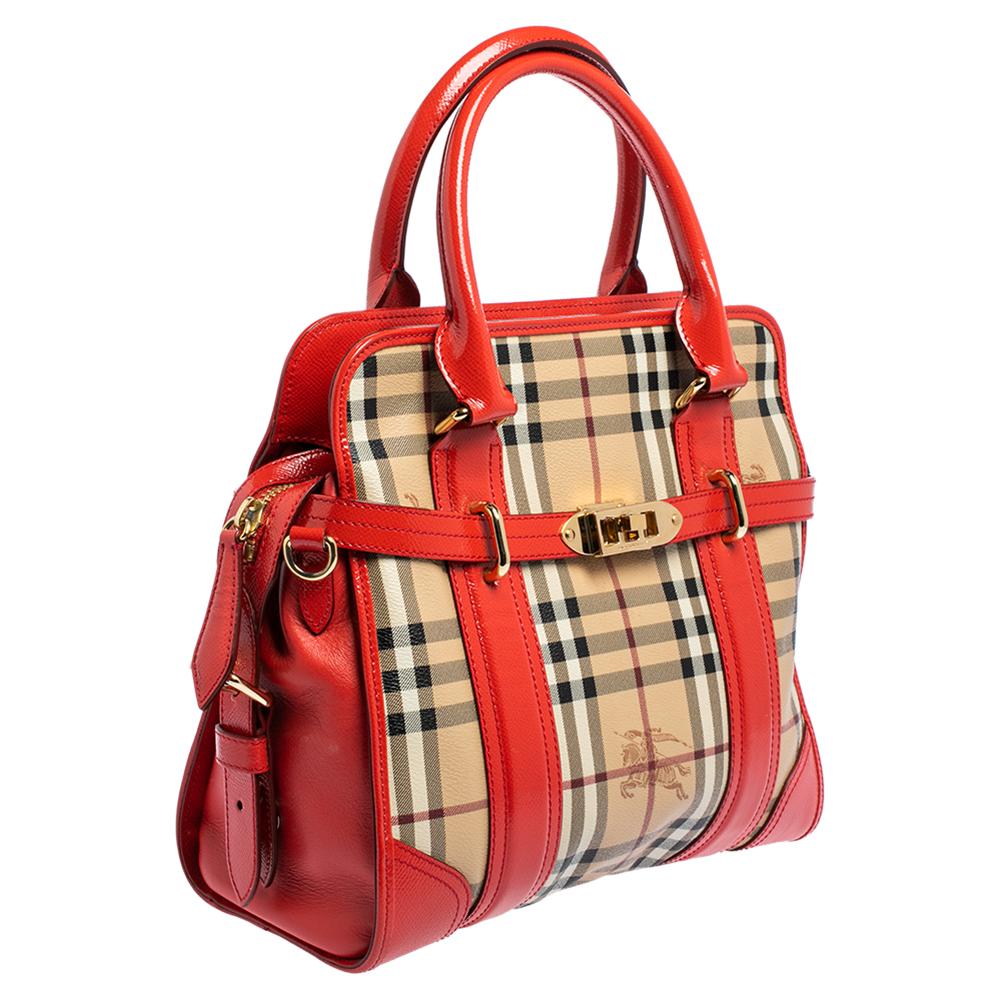 Burberry Haymarket Check Canvas and Patent Leather Portrait Minford Satch In Good Condition In Dubai, Al Qouz 2