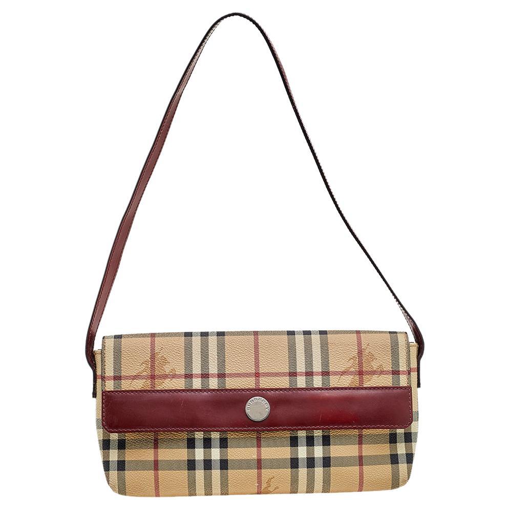 BURBERRY beige HOUSE CHECK TARTAN coated canvas Pochette Bag at 1stDibs