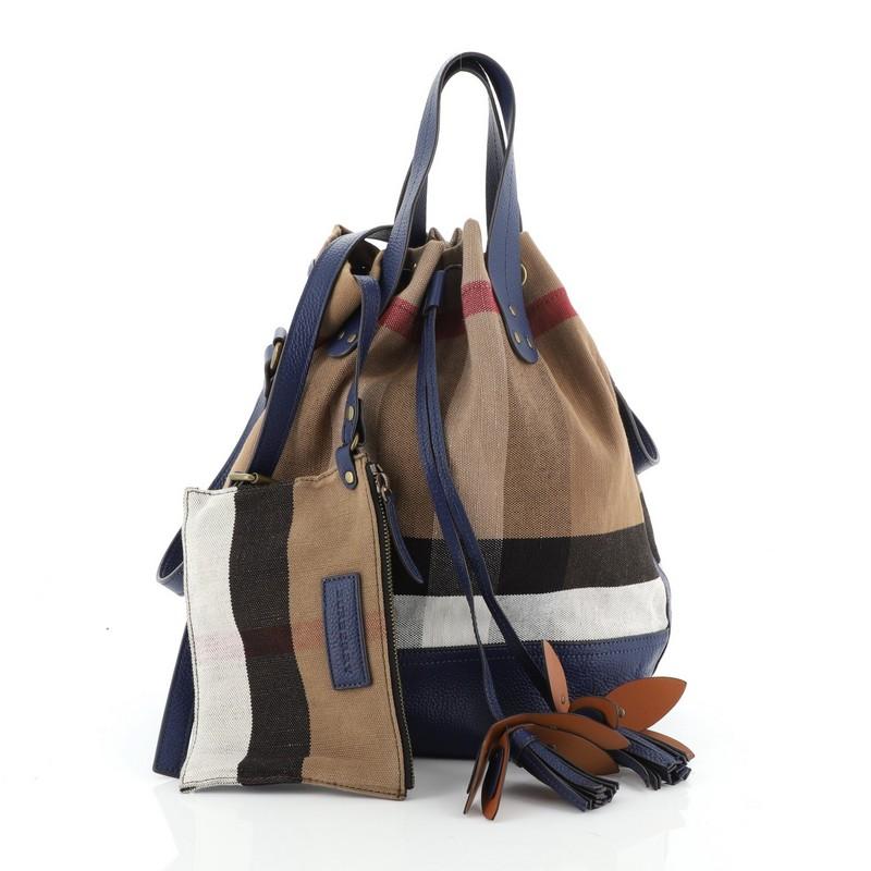 Burberry Heston Bucket Bag House Check Canvas with Leather Small