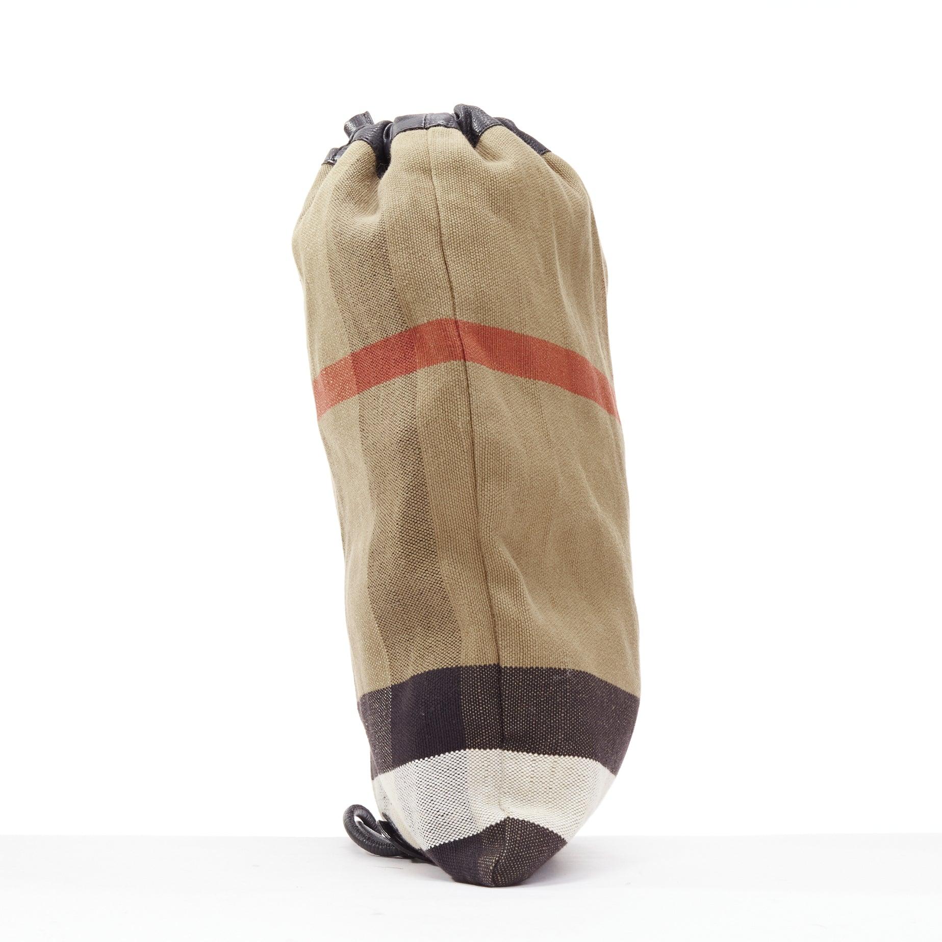 BURBERRY Hous eCheck brown jute cotton black leather trim sling backpack In Good Condition For Sale In Hong Kong, NT