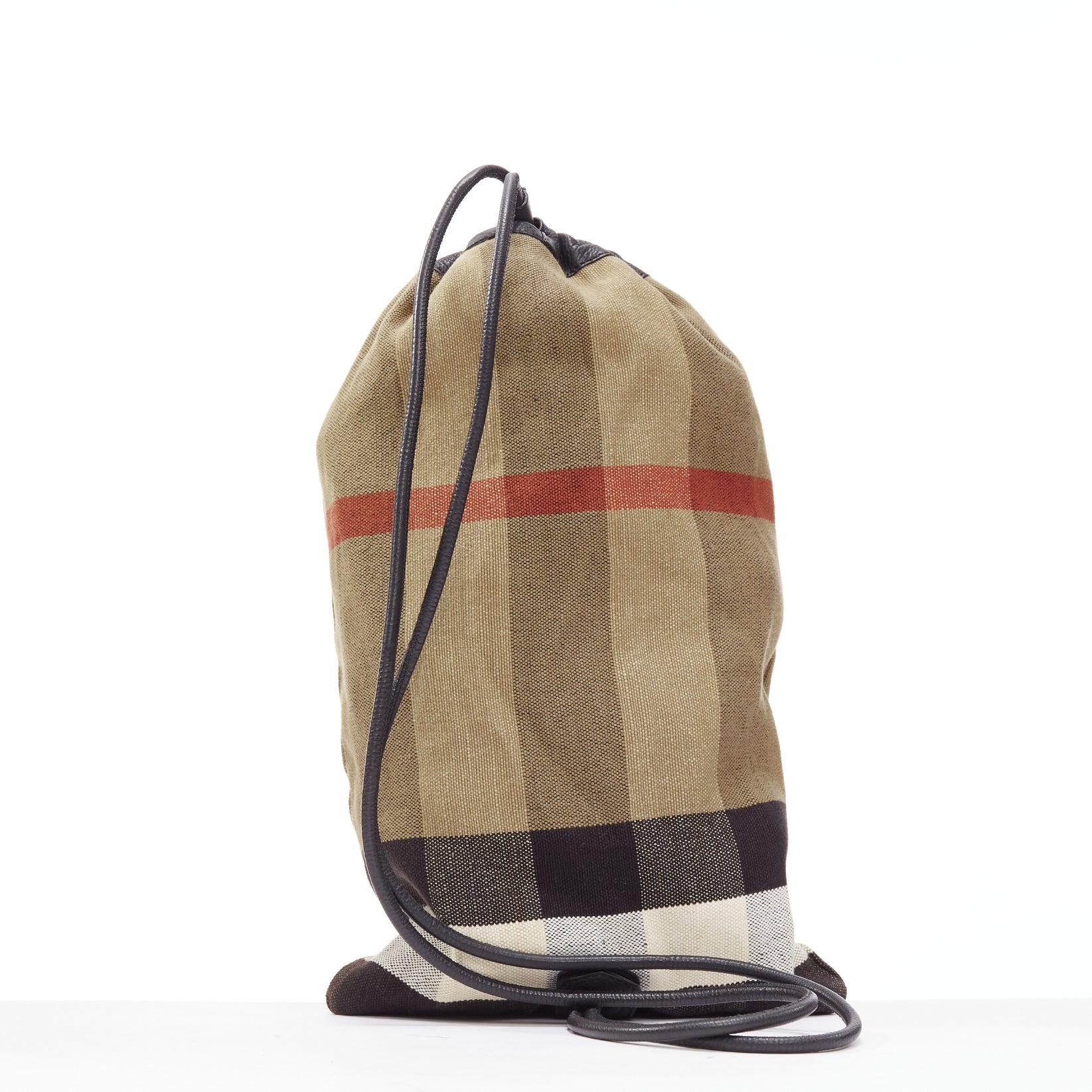 Men's BURBERRY Hous eCheck brown jute cotton black leather trim sling backpack For Sale
