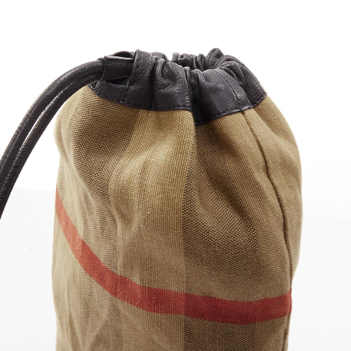 BURBERRY Hous eCheck brown jute cotton black leather trim sling backpack For Sale 2