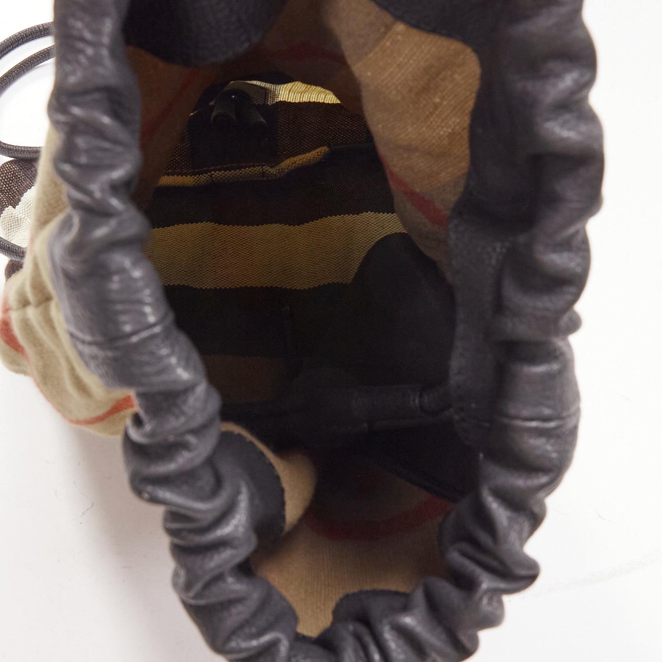 BURBERRY Hous eCheck brown jute cotton black leather trim sling backpack For Sale 4