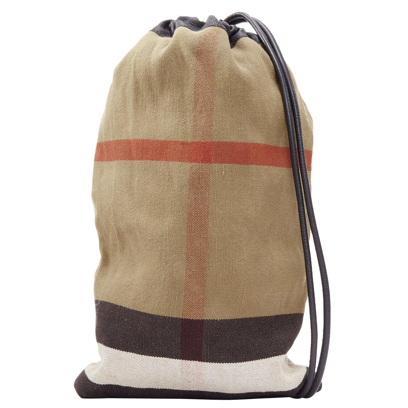 BURBERRY Hous eCheck brauner Jute-Baumwolle schwarzer Lederbesatz Sling-Rucksack