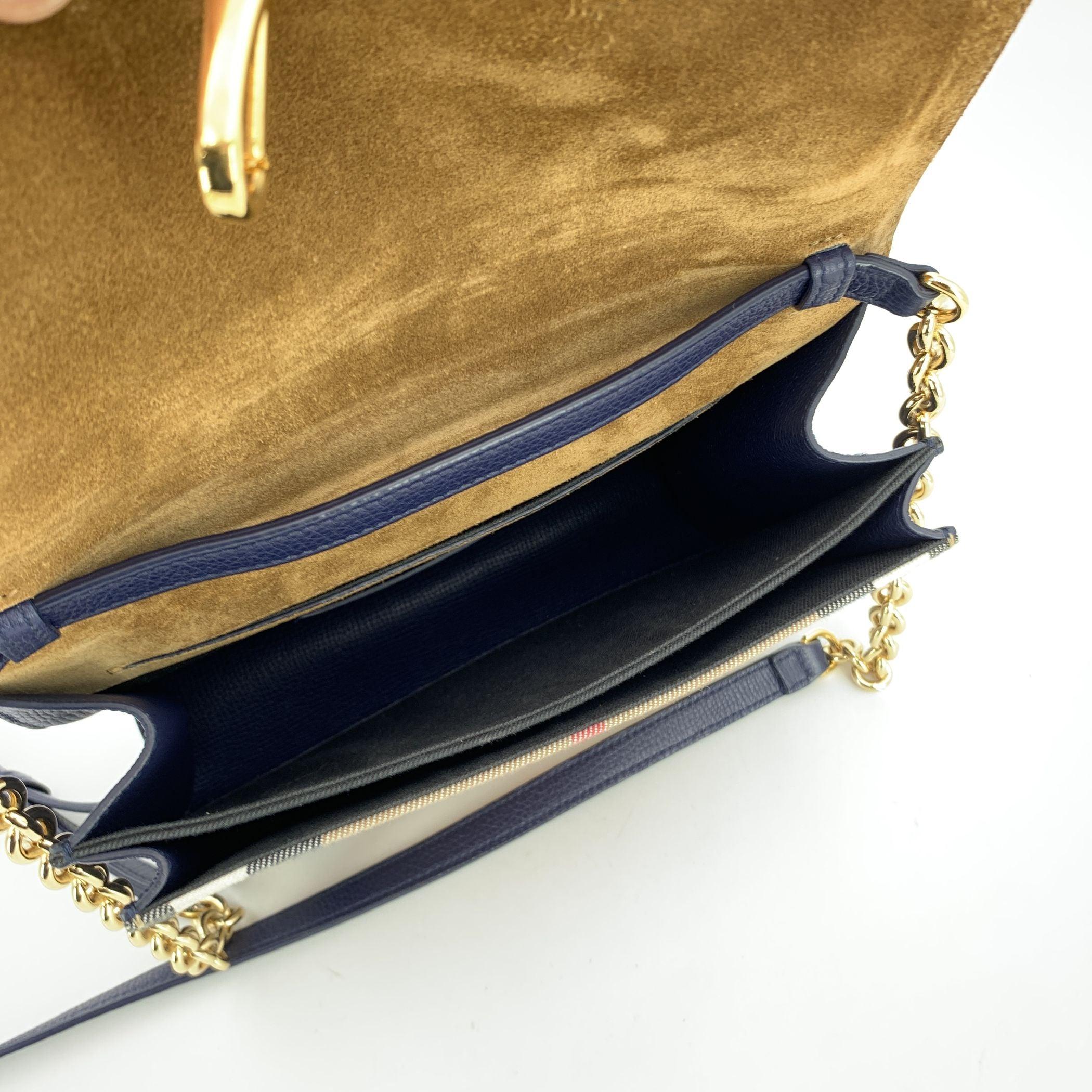 Women's Burberry House Check Canvas Blue Leather Small Macken Crossbody Bag For Sale