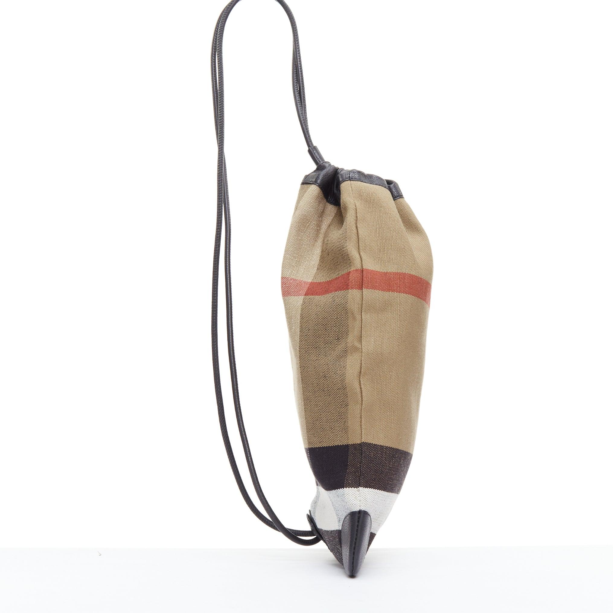 Brown BURBERRY House Check cotton canvas leather trim sling backpack For Sale