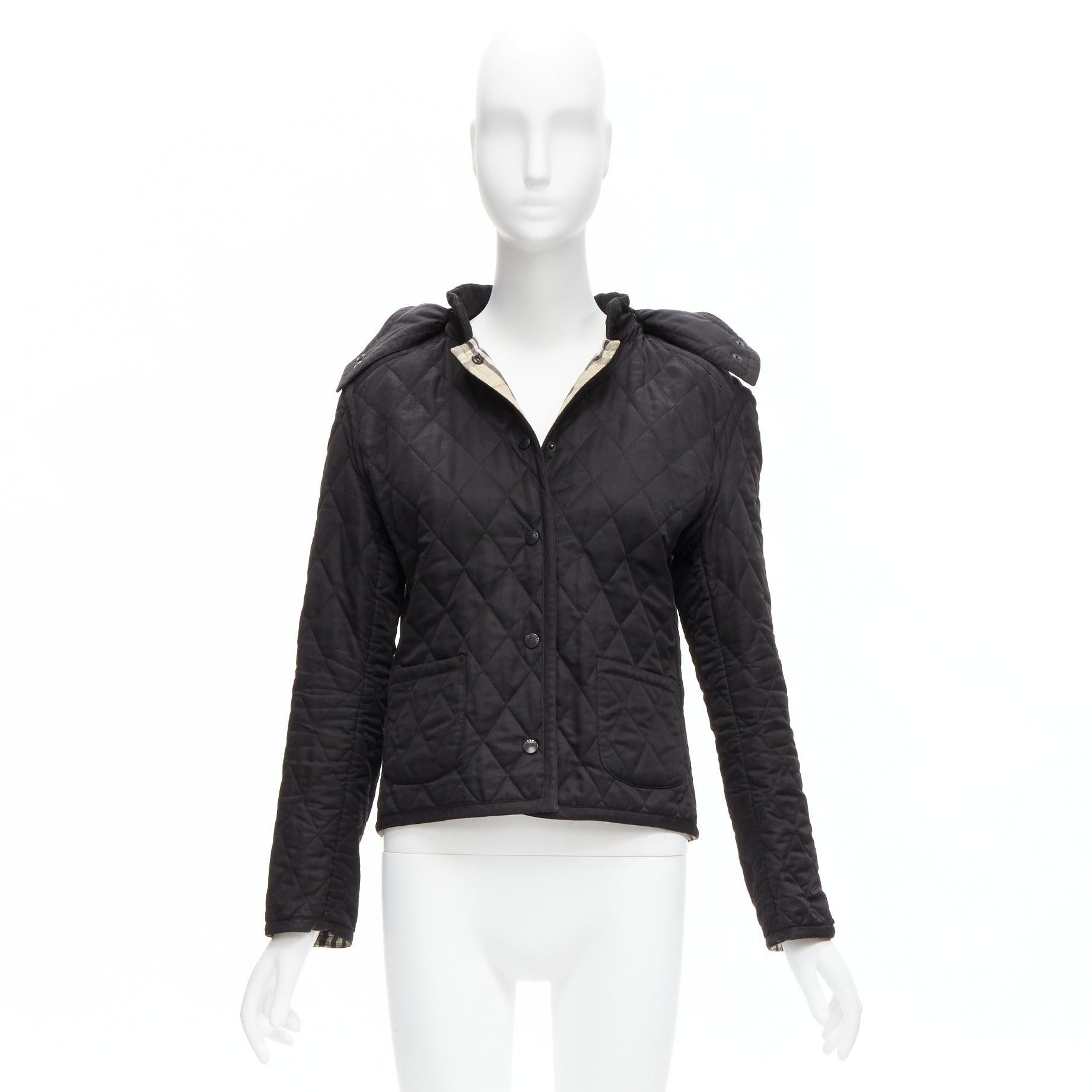 BURBERRY House Check lined black diamond quilted shell hooded jacket For Sale 7