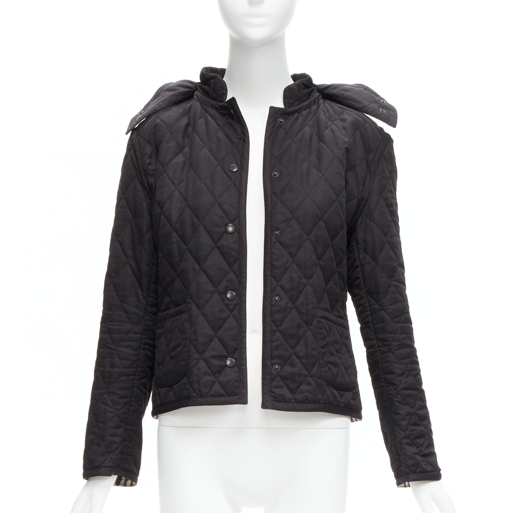 BURBERRY House Check lined black diamond quilted shell hooded jacket In Good Condition For Sale In Hong Kong, NT