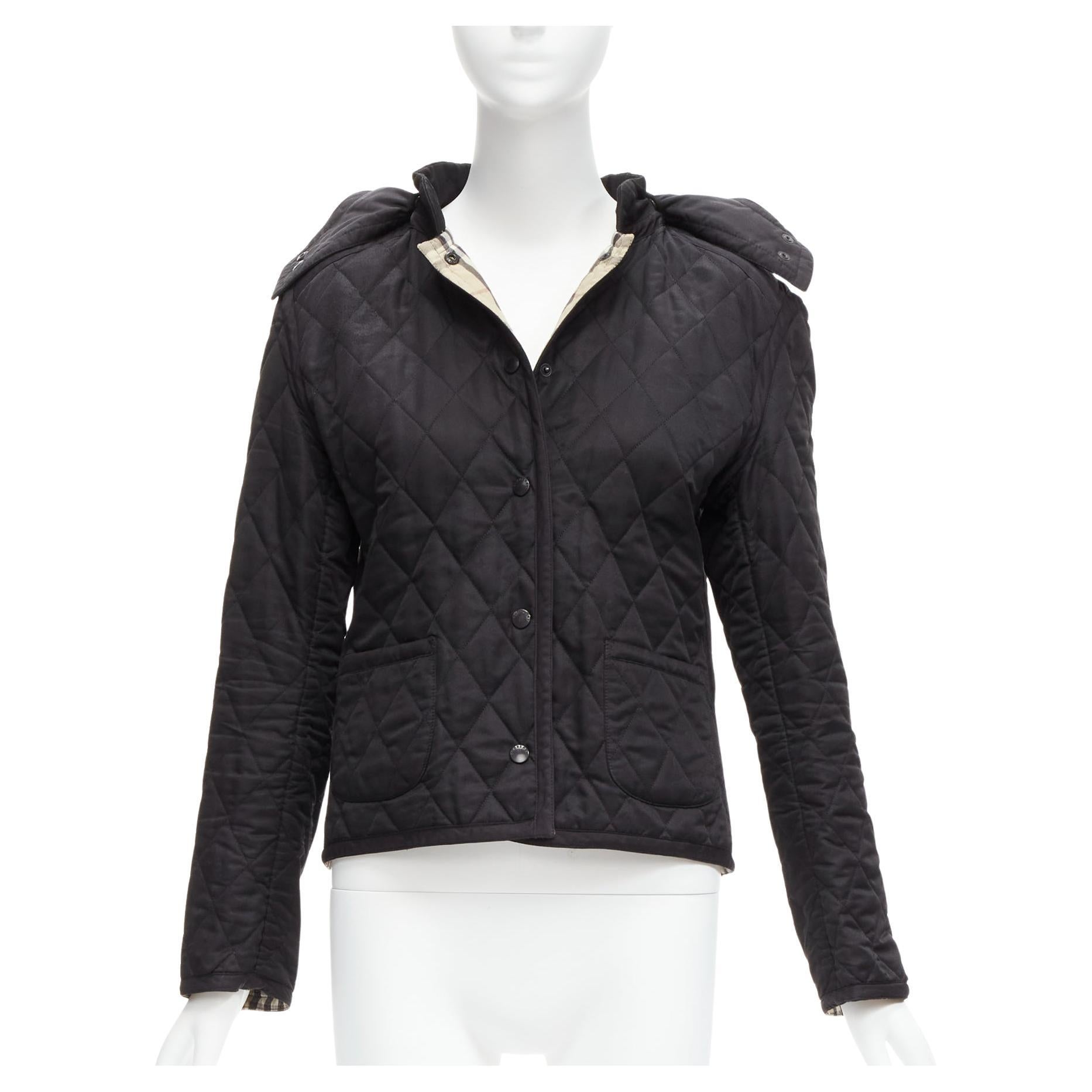 BURBERRY House Check lined black diamond quilted shell hooded jacket For Sale