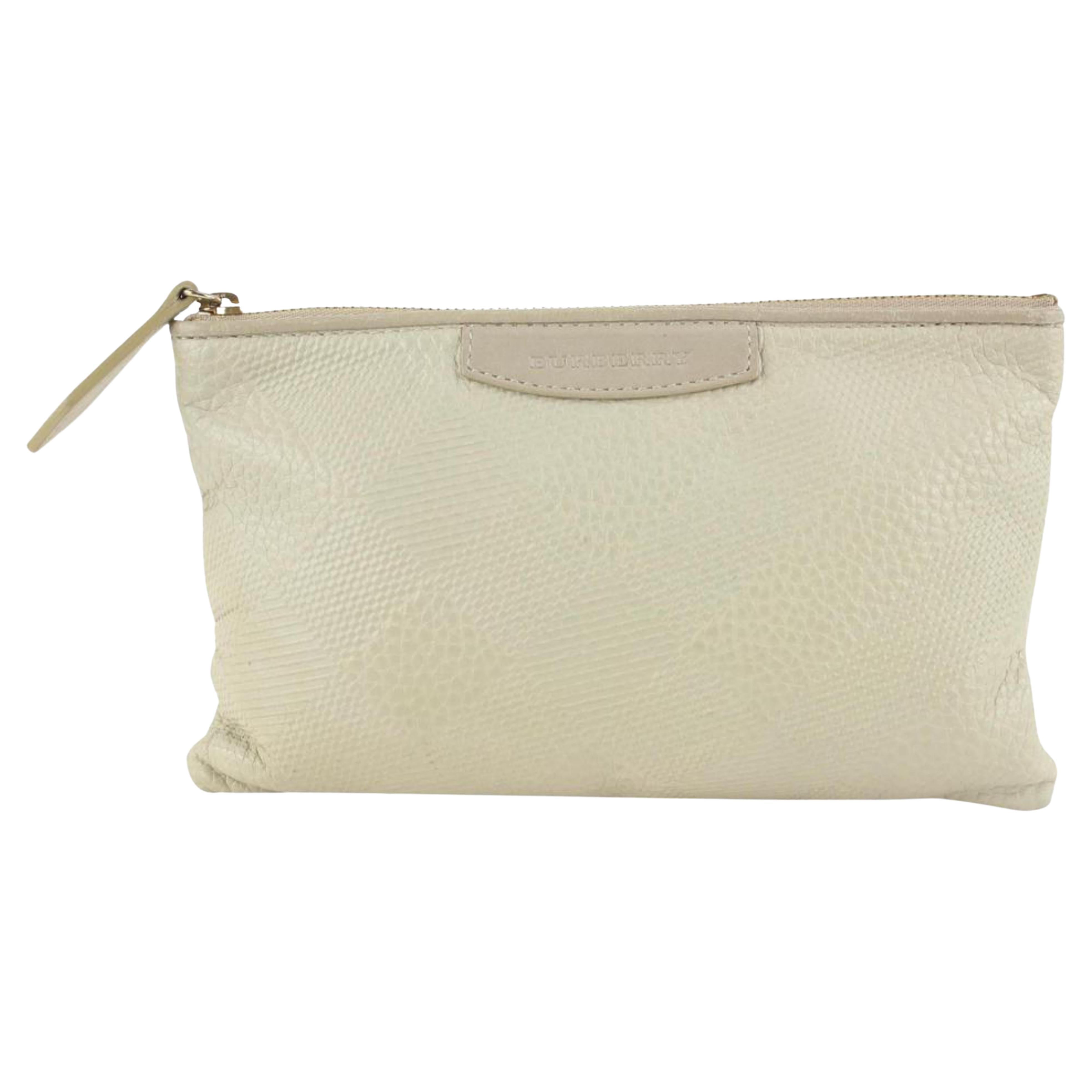 Burberry Ivory Check Embossed Toiletry Cosmetic Pouch 1220b46 For Sale