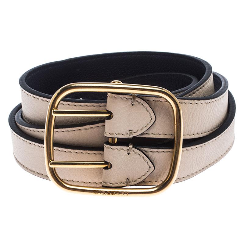 Beige Burberry Ivory Leather Lynton Double Strap Belt 90CM