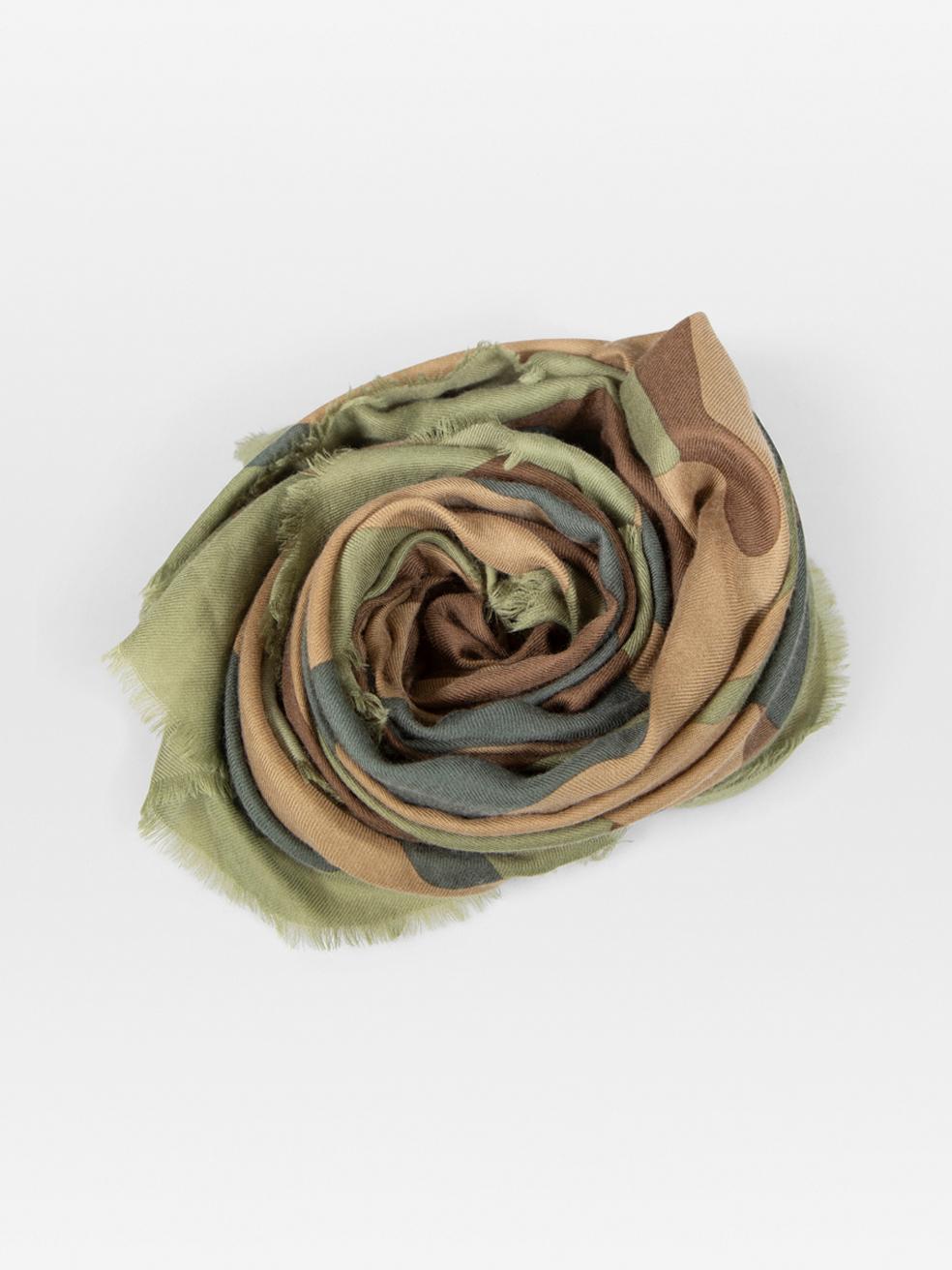 CONDITION is Very Good. Hardly any visible wear to the scarf is evident on this used Burberry designer resale item.
 
 
 
 Details
 
 
 Khaki
 
 Cashmere
 
 Scarf
 
 Camouflage print
 
 Fringed hem
 
 
 

 
 Made in Italy
 

 
 Composition
 
 100%