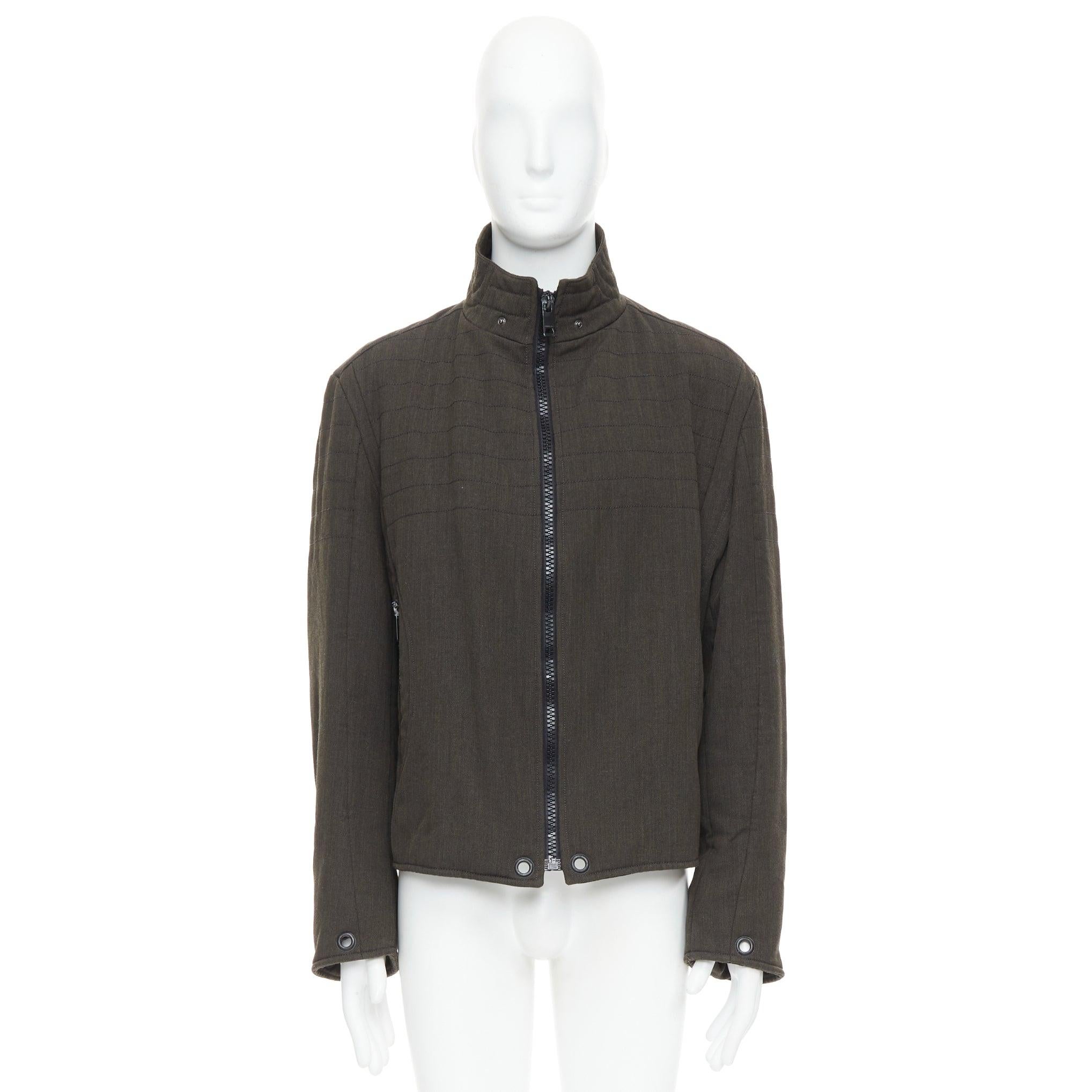 Burberry giacca biker in misto lana verde cachi e nera con zip e impunture IT48 M. in vendita 5