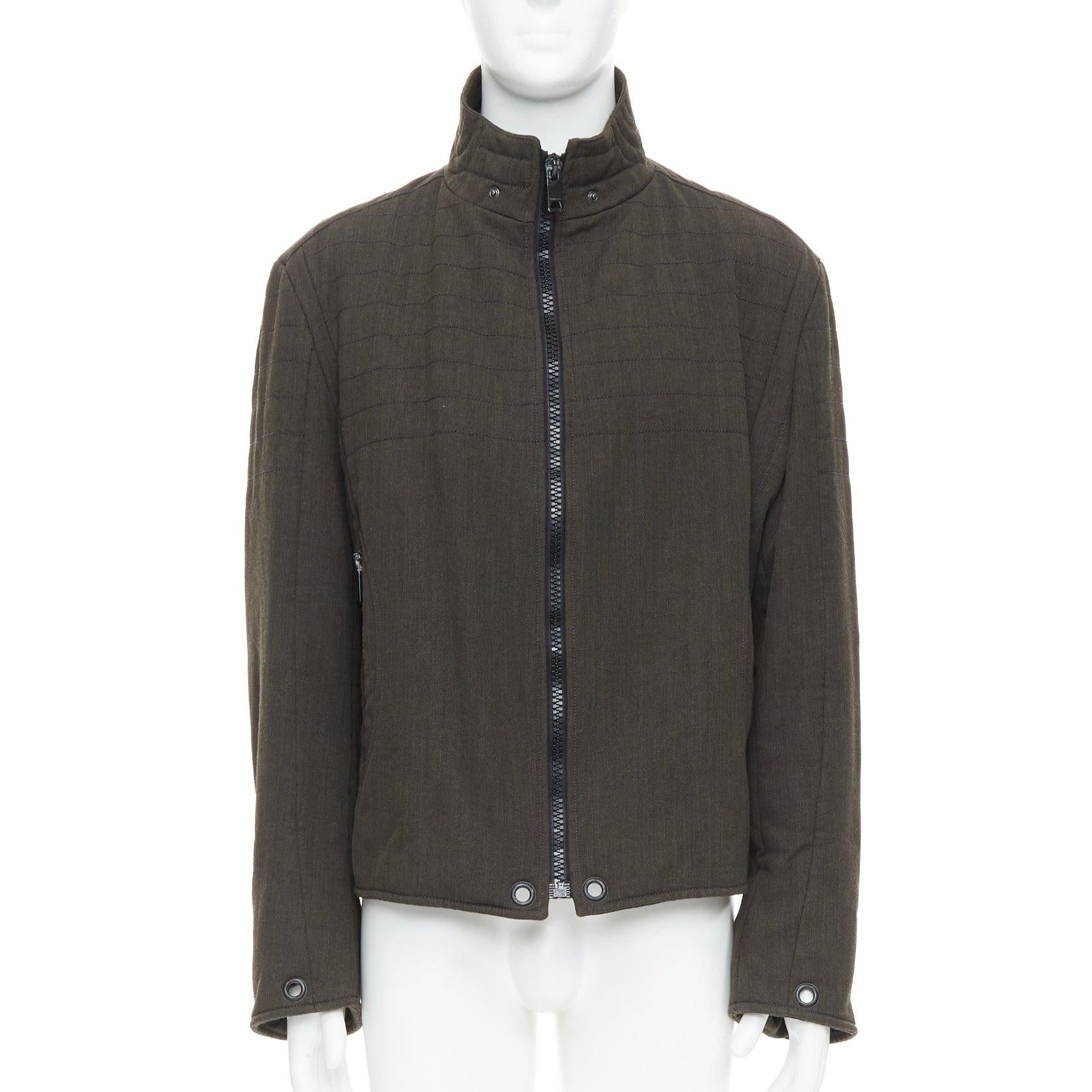 Nero Burberry giacca biker in misto lana verde cachi e nera con zip e impunture IT48 M. in vendita
