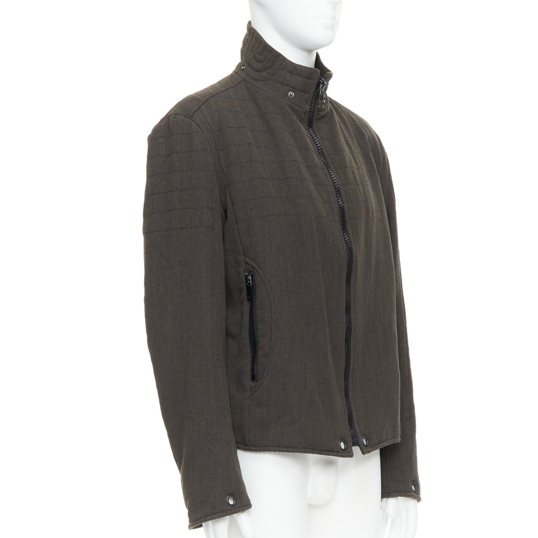 Burberry giacca biker in misto lana verde cachi e nera con zip e impunture IT48 M. In condizioni buone in vendita a Hong Kong, NT