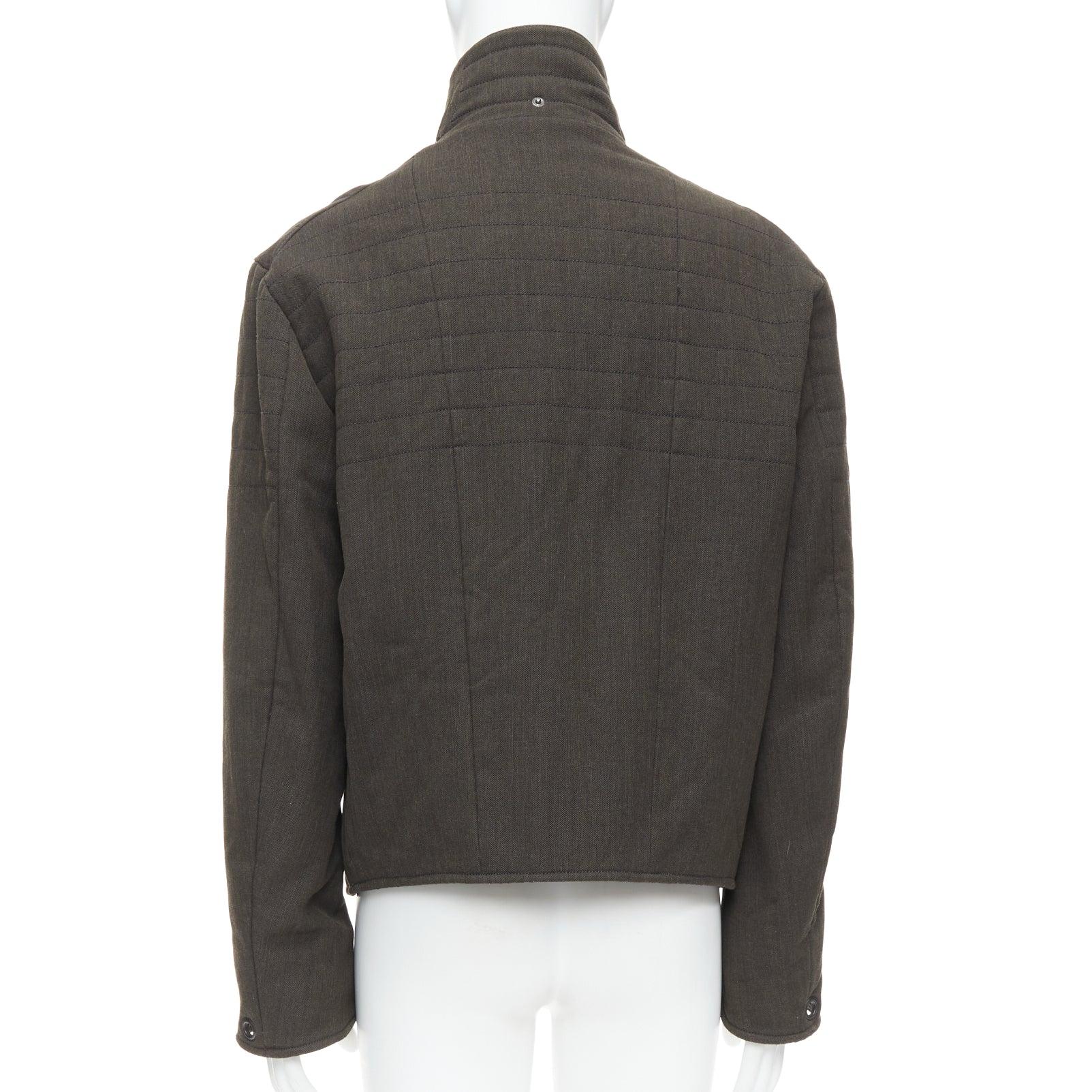 Burberry giacca biker in misto lana verde cachi e nera con zip e impunture IT48 M. in vendita 1
