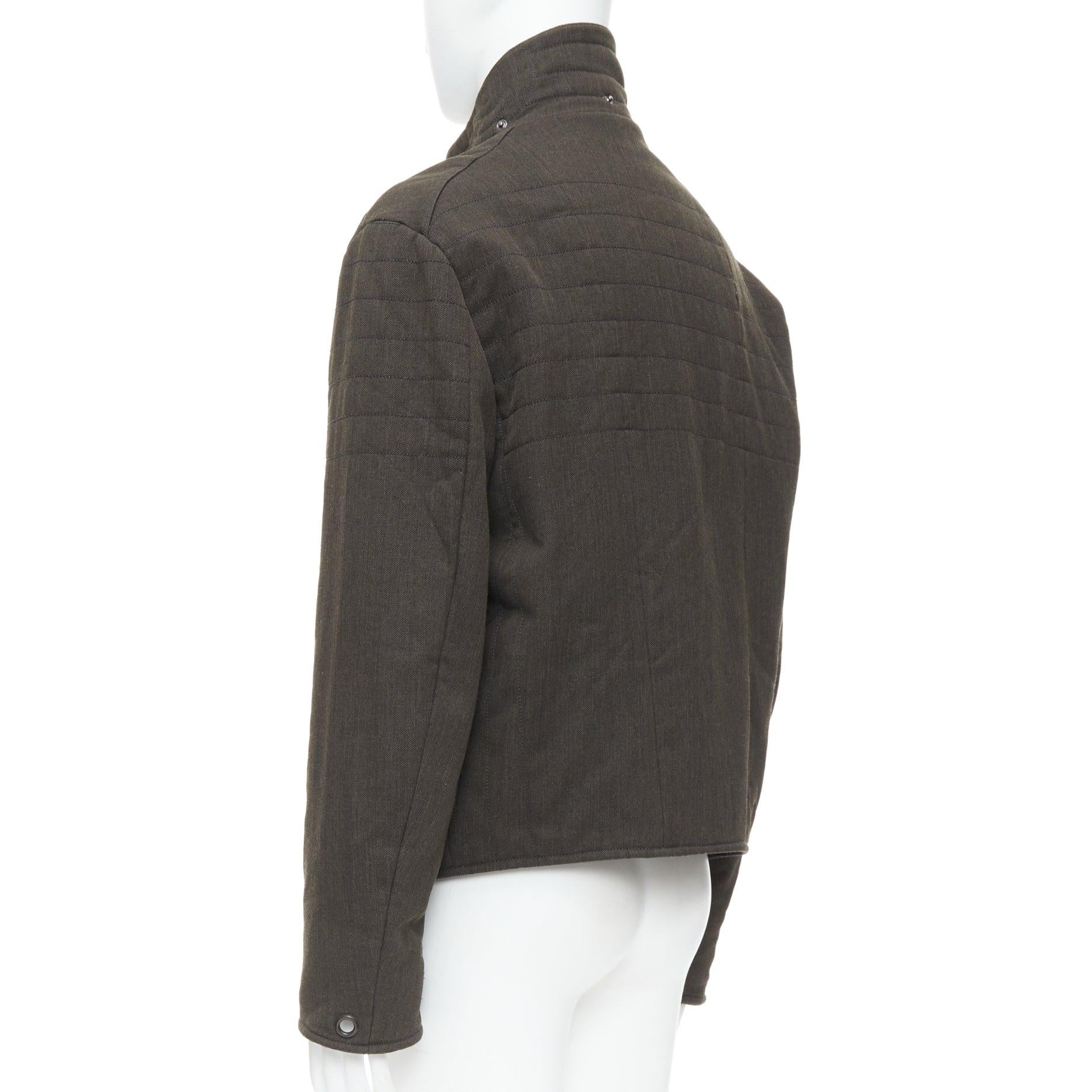 Burberry giacca biker in misto lana verde cachi e nera con zip e impunture IT48 M. in vendita 2