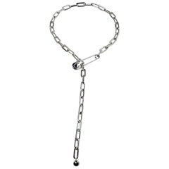 Burberry Kilt Pin Palladium Plated Long Link Drop Necklace
