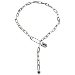 Burberry Kilt Pin Silver Tone Chain Link Long Necklace