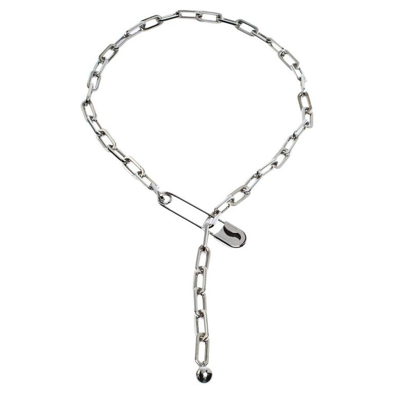 Burberry Kilt Pin Silver Tone Chain Link Long Necklace For Sale at 1stDibs