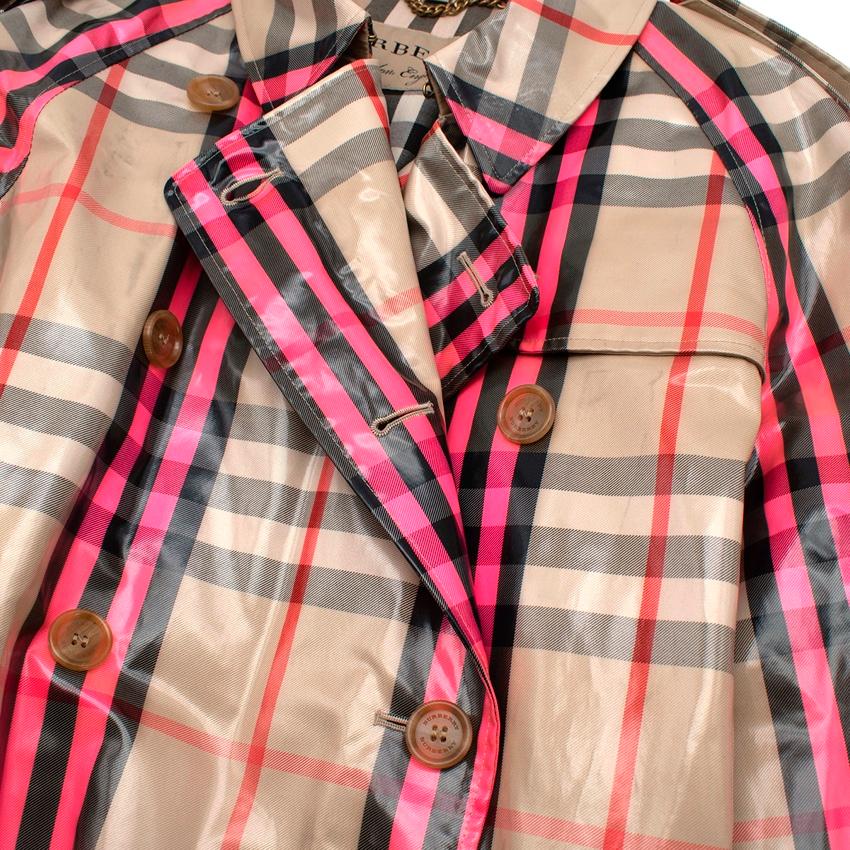 Brown Burberry Laminated Neon Pink House Check Trench Coat For Sale