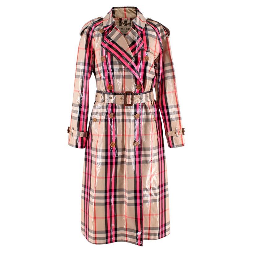 Burberry Laminated Neon Pink House Check Trench Coat For Sale