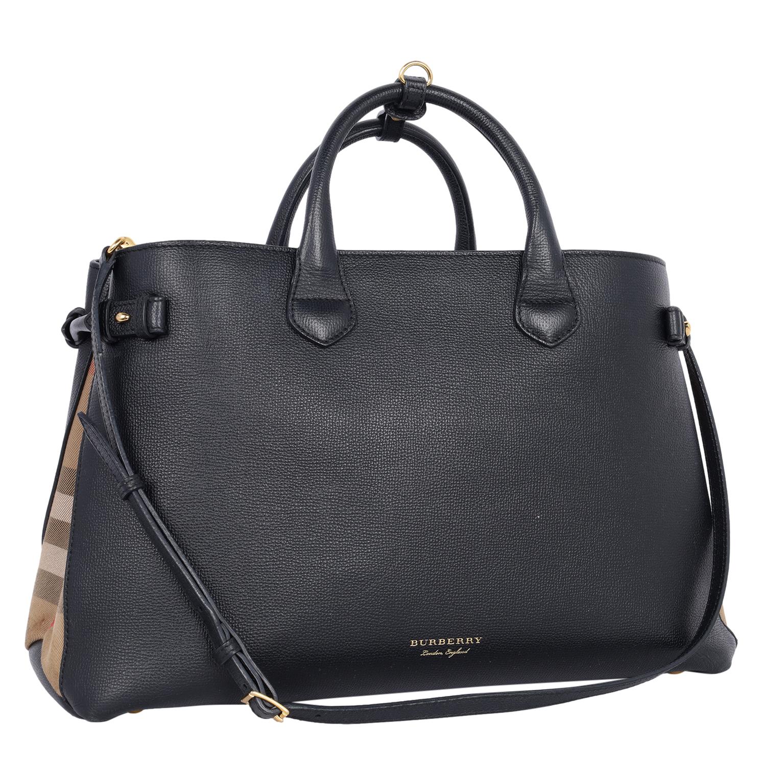 Burberry Large Banner House Check Leather Tote Shoulder Bag Black In Fair Condition In Salt Lake Cty, UT