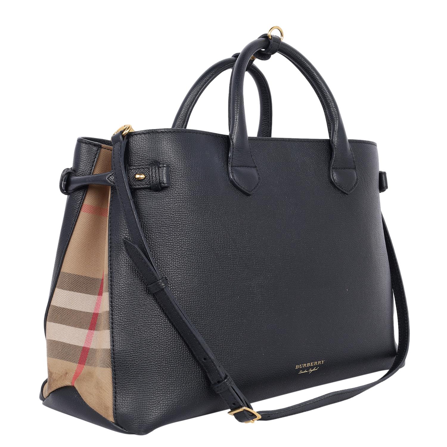 Women's Burberry Large Banner House Check Leather Tote Shoulder Bag Black