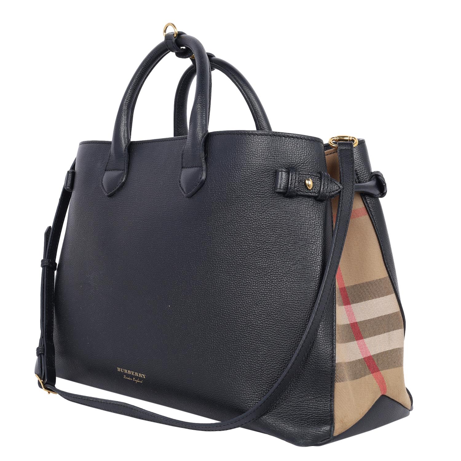 Burberry Large Banner House Check Leather Tote Shoulder Bag Black 1