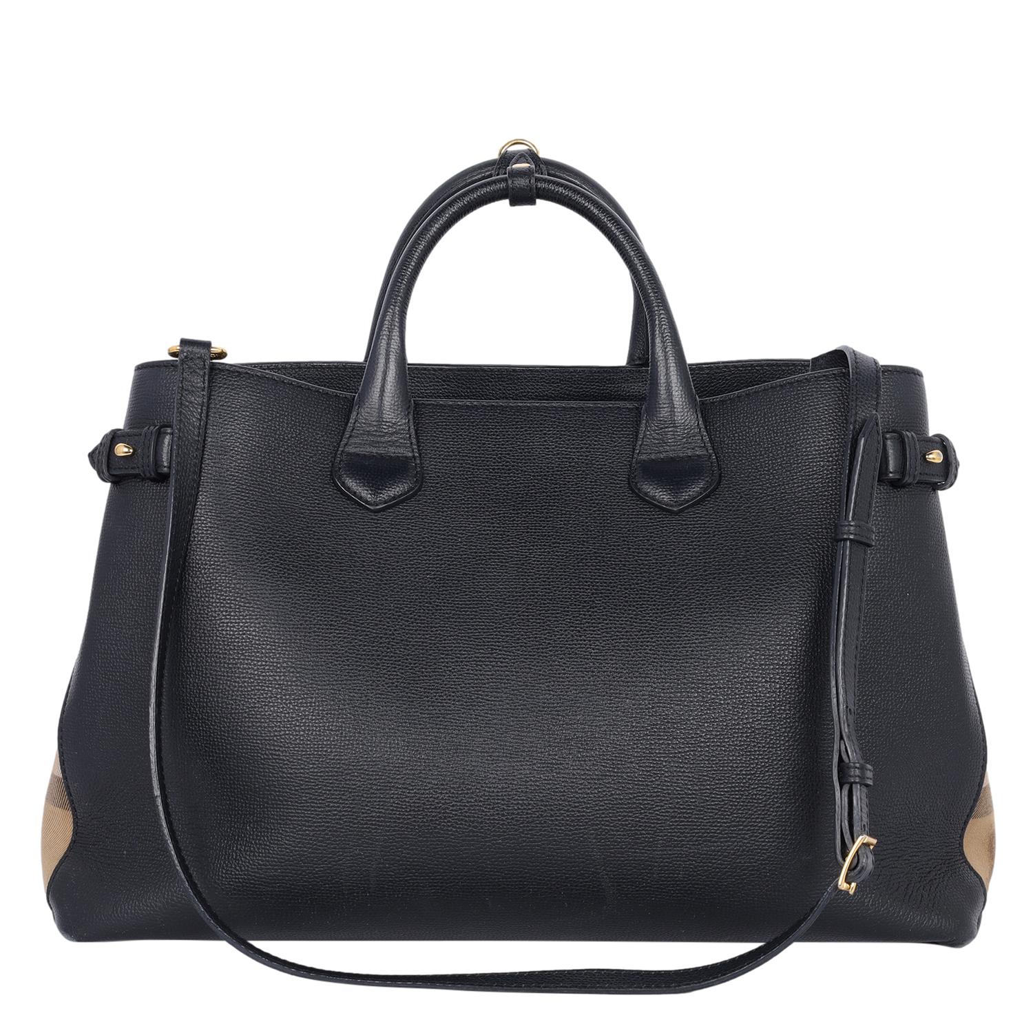 Burberry Large Banner House Check Leather Tote Shoulder Bag Black 2