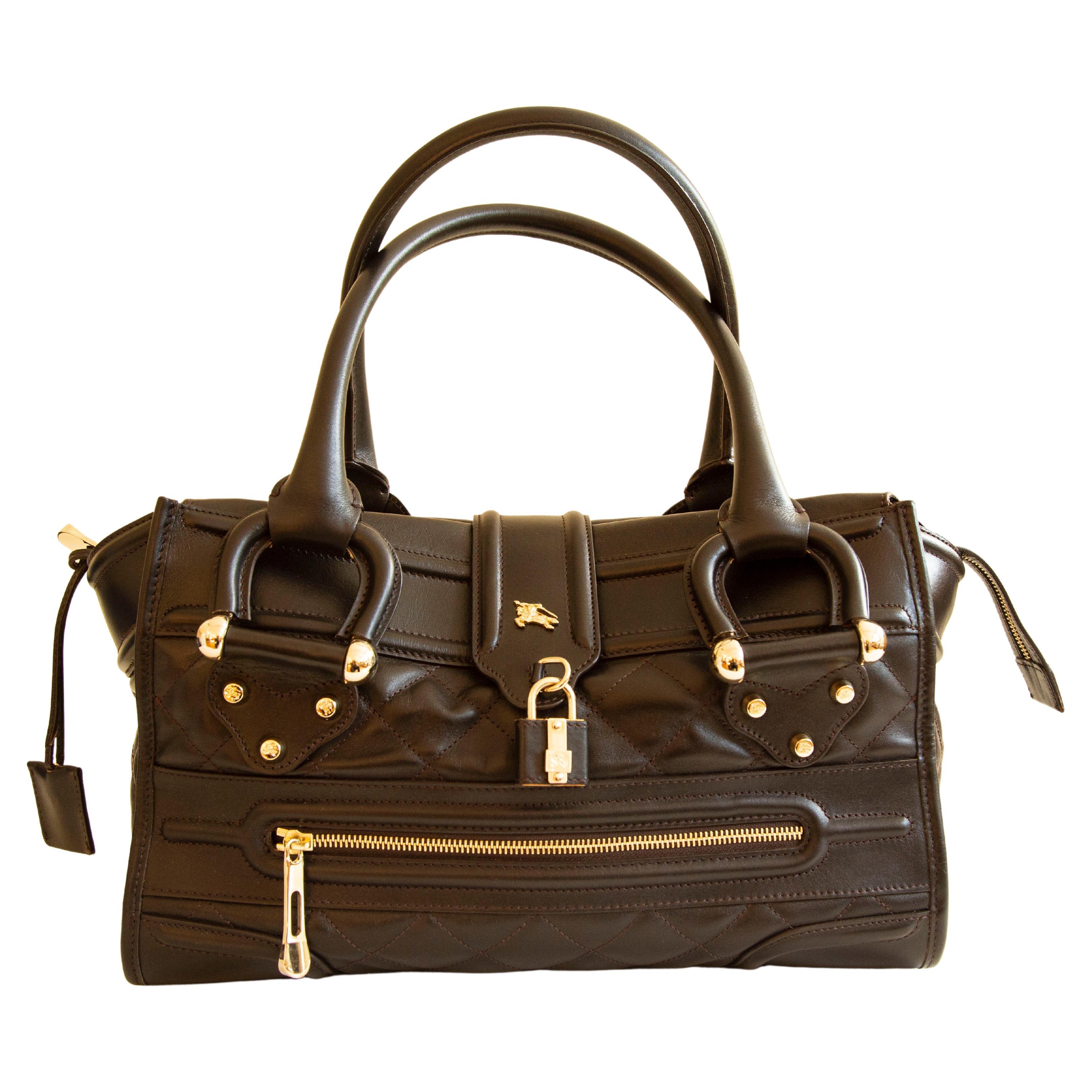 Burberry Large Manor Brown Quilted Leather Satchel Shoulder Bag For Sale