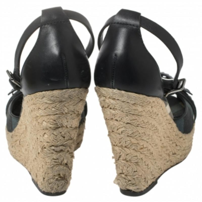Gray Burberry Leather and Novacheck Canvas Peep Toe Espadrille Wedge Sandals Size 36 For Sale