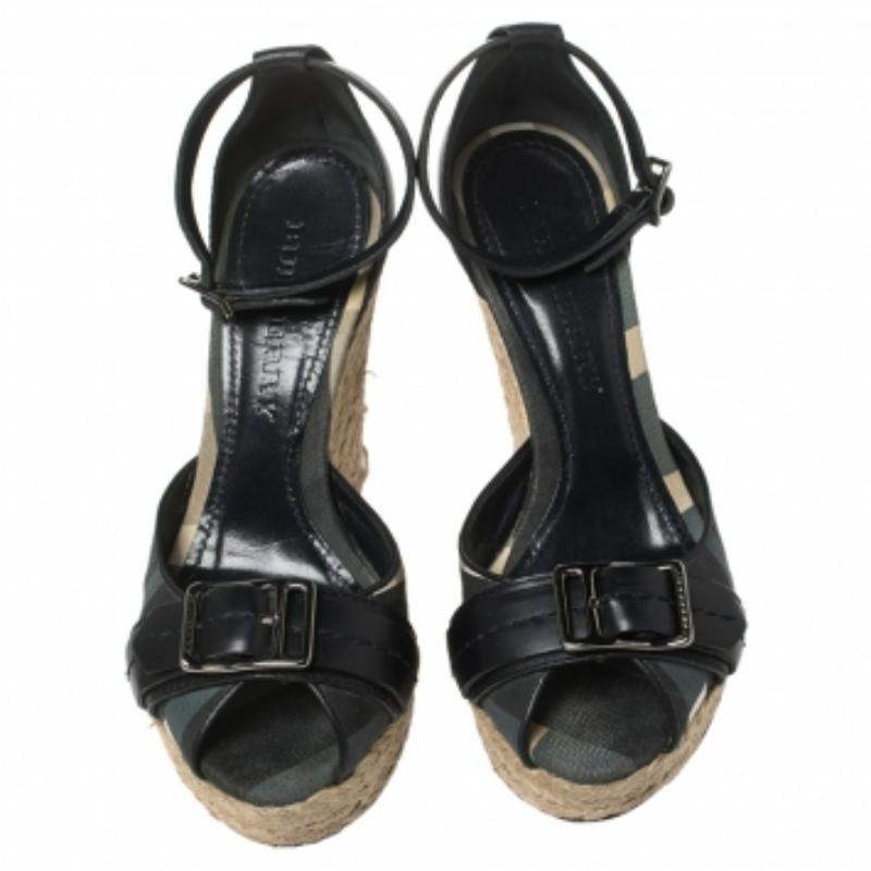 Burberry Leather and Novacheck Canvas Peep Toe Espadrille Wedge Sandals Size 36 For Sale 1