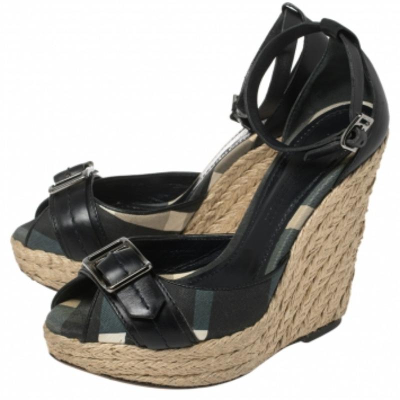 Burberry Leather and Novacheck Canvas Peep Toe Espadrille Wedge Sandals Size 36 For Sale 2