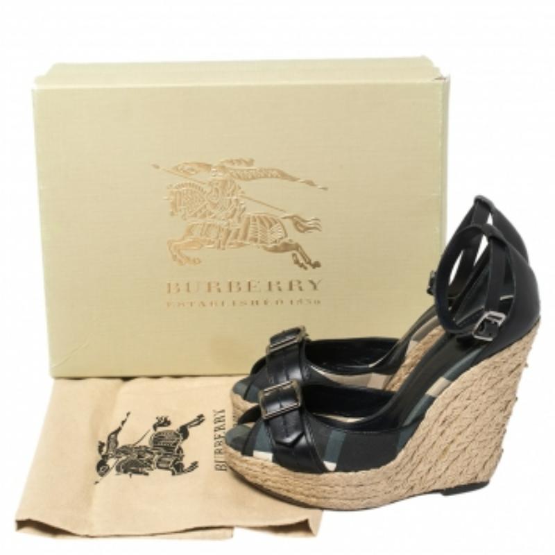 Burberry Leather and Novacheck Canvas Peep Toe Espadrille Wedge Sandals Size 36 For Sale 3