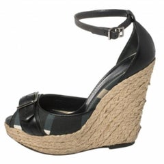 Burberry Leather and Novacheck Canvas Peep Toe Espadrille Wedge Sandals Size 36