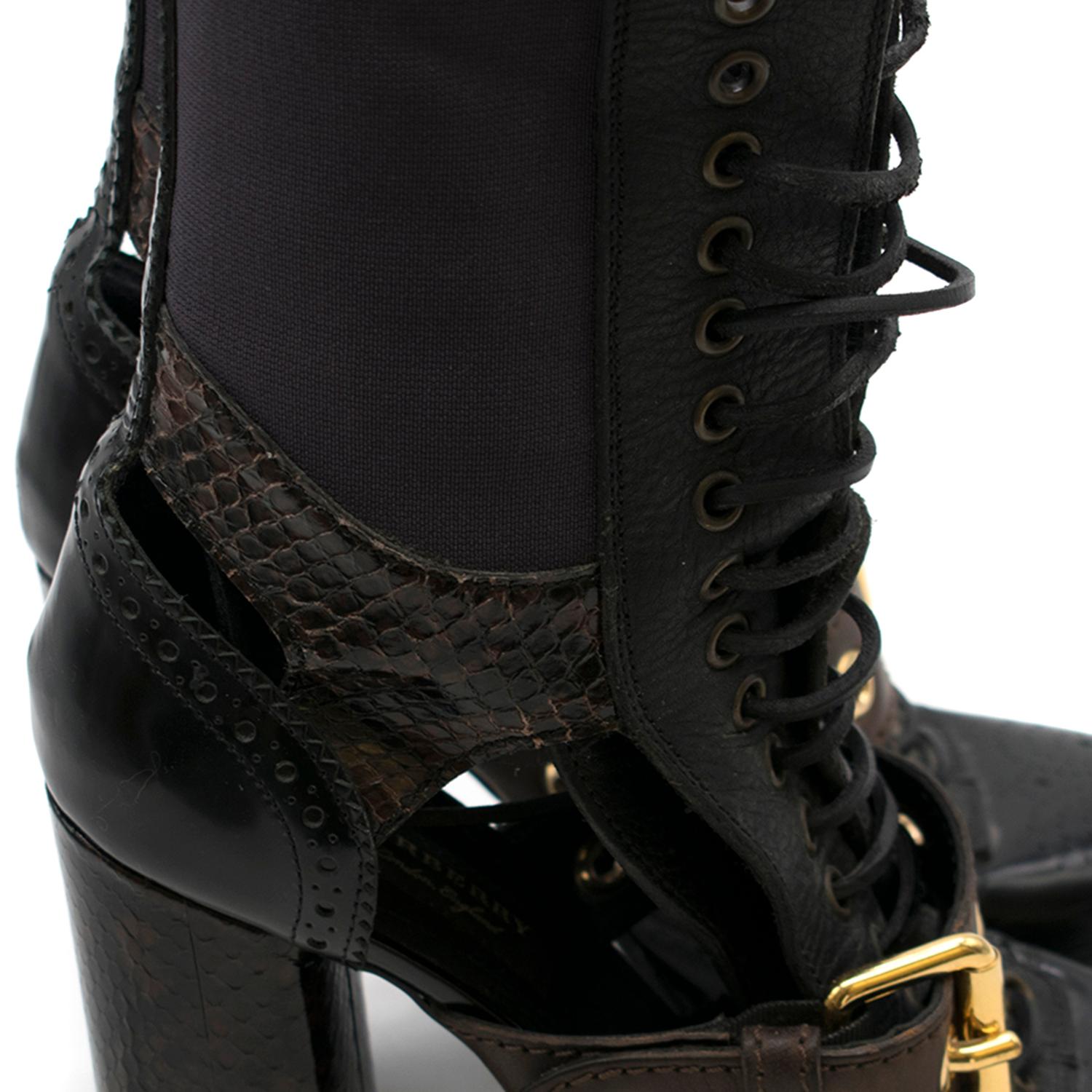 Burberry Leather And Snakeskin Cut-out Platform Boots US 10 In Excellent Condition In London, GB
