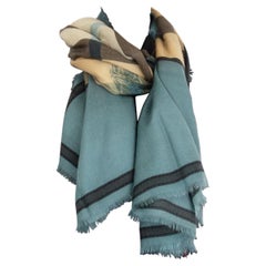 BURBERRY light blue & beige cashmere CHECK Scarf Shawl