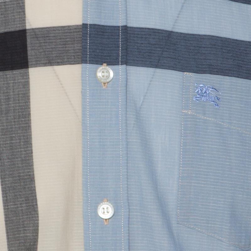 Gray Burberry Light Blue & Beige Nova Check Linen Blend Shirt L