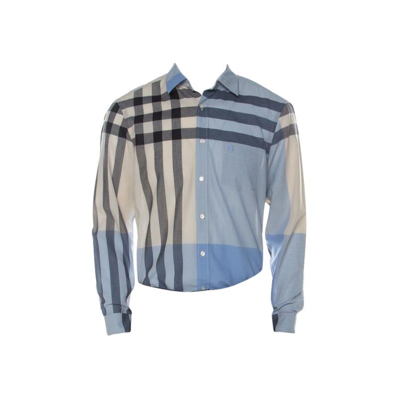 Burberry Light Blue & Beige Nova Check Linen Blend Shirt L