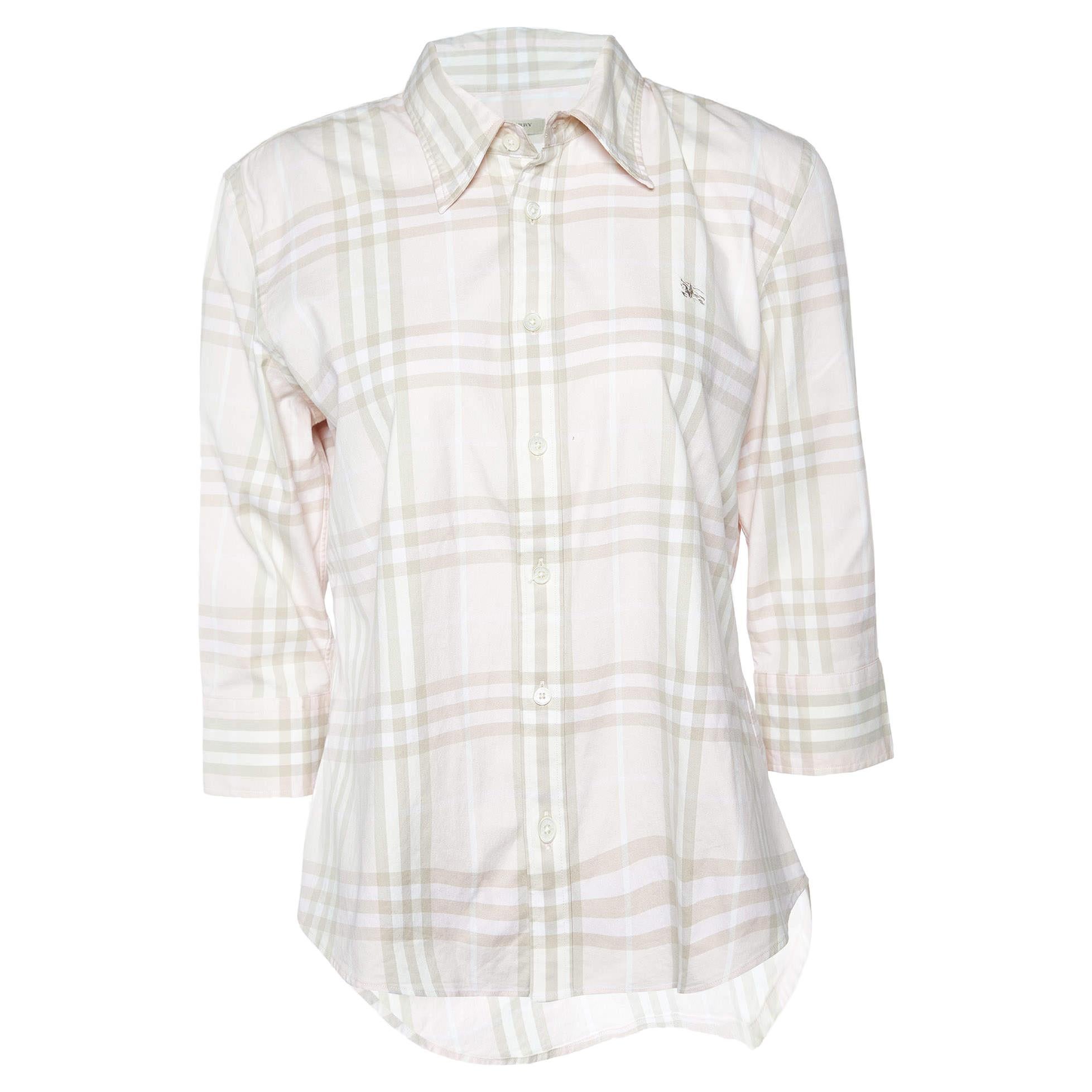 Burberry Light Pink Nova Check Cotton Button Front Shirt L For Sale