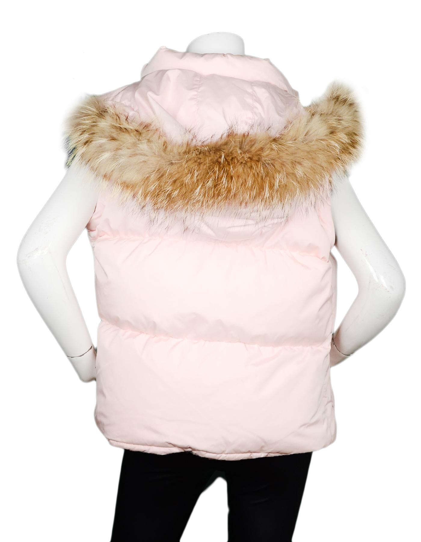Beige Burberry Light Pink Puffer Coat W/ Removable Fur Trim Hood & Sleeves (Vest) Sz M