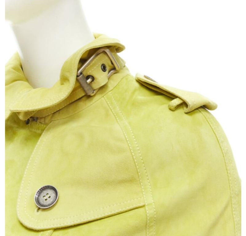 BURBERRY lime yellow suede leather cropped double breasted capelet IT38 XS
Reference: ANWU/A01018
Brand: Burberry
Designer: Christopher Bailey
Material: Suede
Color: Green
Pattern: Solid
Closure: Button
Lining:  Unlined
Extra Details: Antique
