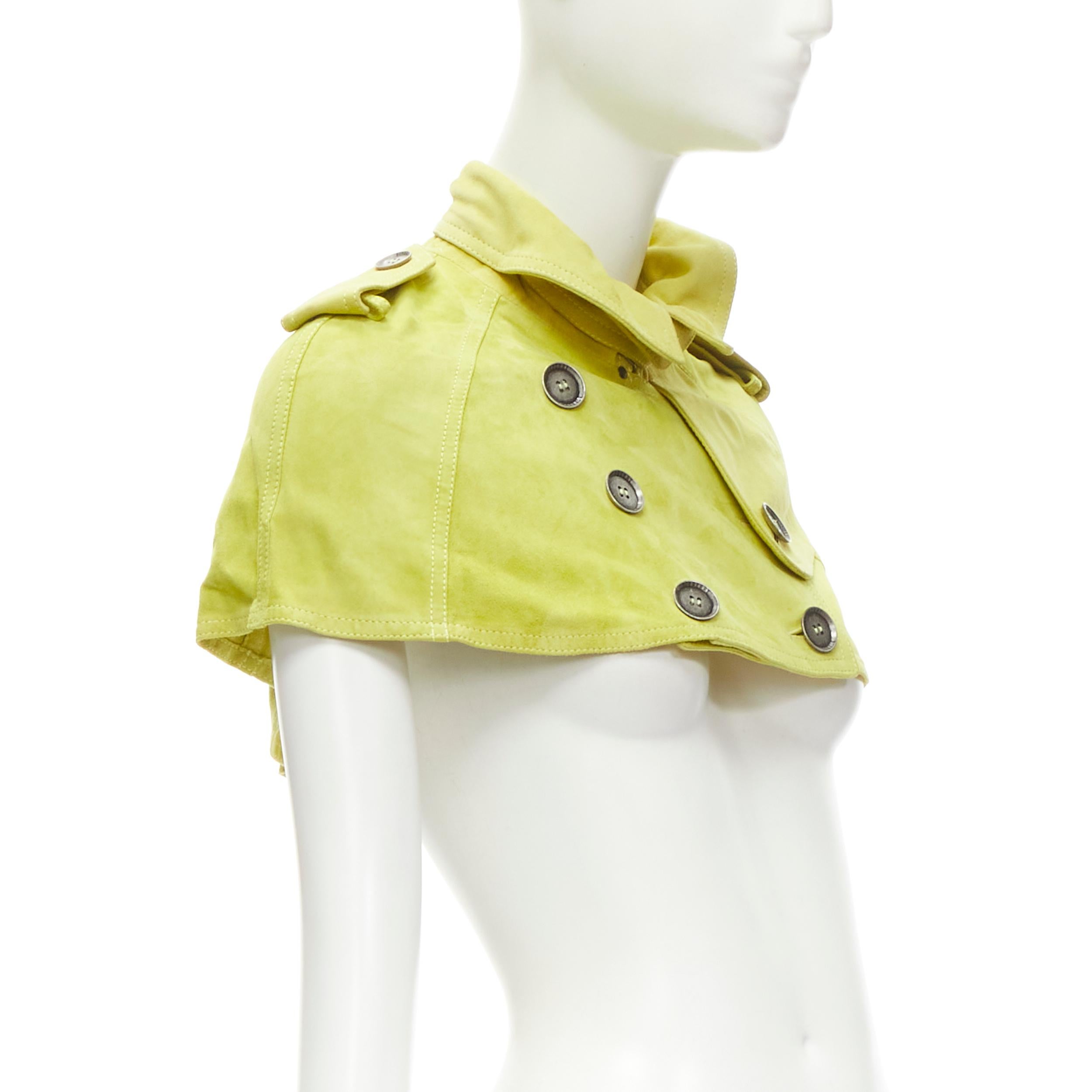 Green BURBERRY lime yellow suede leather cropped double breasted capelet IT38 XS For Sale