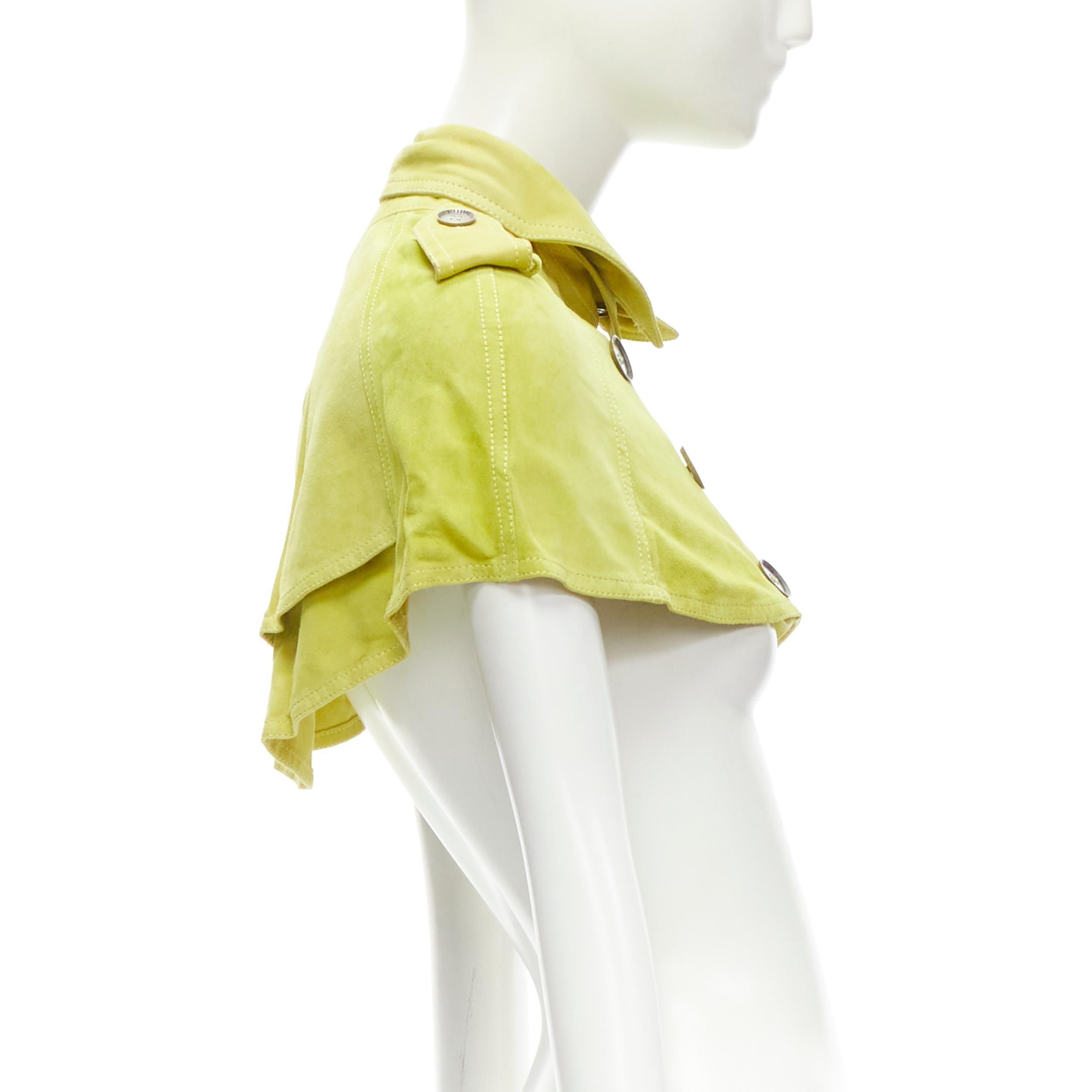 BURBERRY lime yellow suede leather cropped double breasted capelet IT38 XS In Good Condition For Sale In Hong Kong, NT
