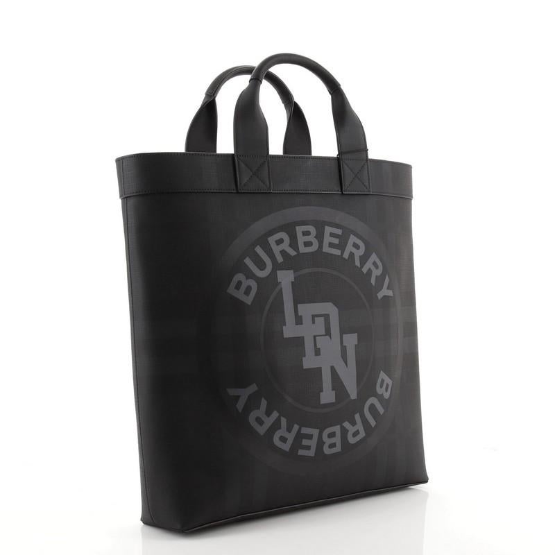 Black Burberry Logo Graphic Convertible Tote London Check Coated Canvas Large