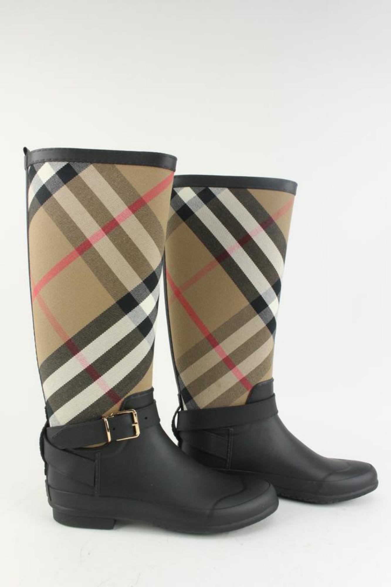 Burberry London 37 Beige Nova BlackStrap Detail House Check Rubber Rain Boot